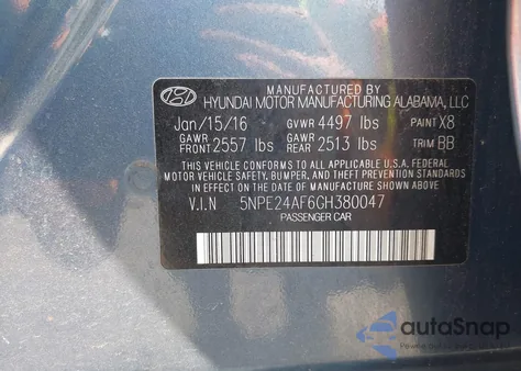 2016 Hyundai Sonata Se from USA, damaged, VIN 5NPE24AF6GH380047